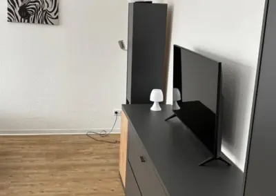 Schwarzer TV-Schrank mit Holzdetails und einem Fernseher, daneben zwei moderne Tischlampen in einem Raum mit einem Zebra-Motiv an der Wand.