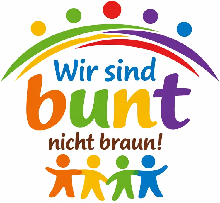 Logo der Initiative Wir sind bunt, nicht braun: farbenfroher Regenbogenbogen mit Kinder-Silhouetten unten, Vielfalt in der Kinder- und Jugendhilfe betont.