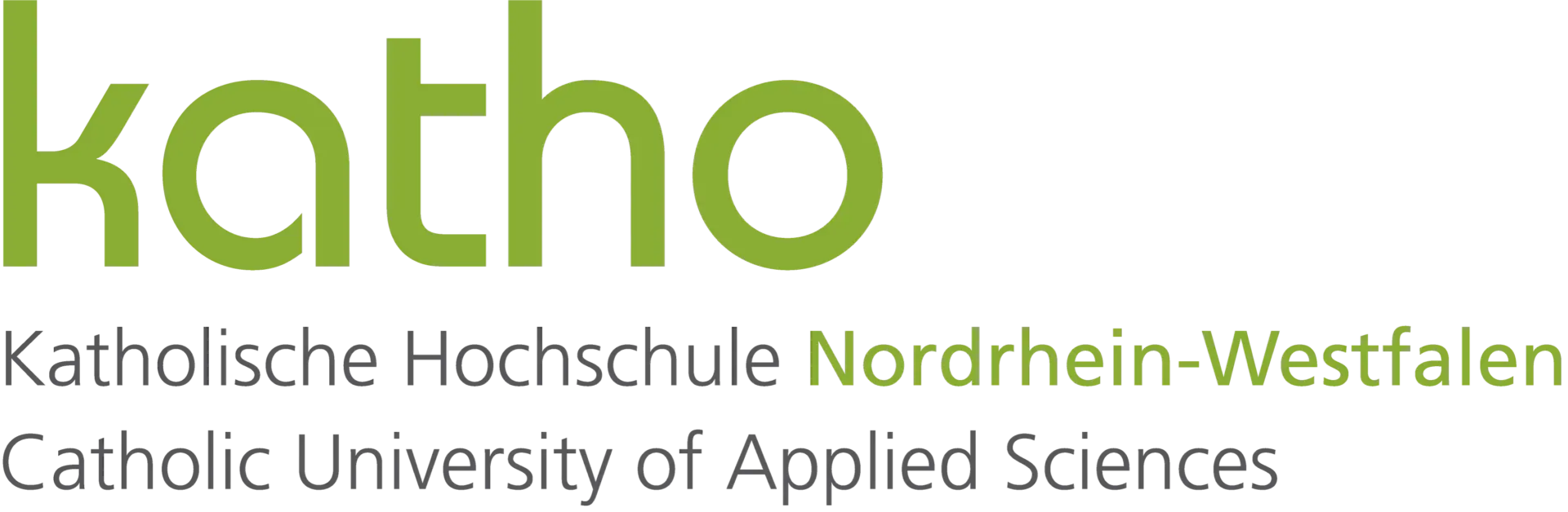Grünes KATHO-Logo auf schwarzem Hintergrund mit dem Schriftzug „Katholische Hochschule Nordrhein-Westfalen“ und „Catholic University of Applied Sciences“.