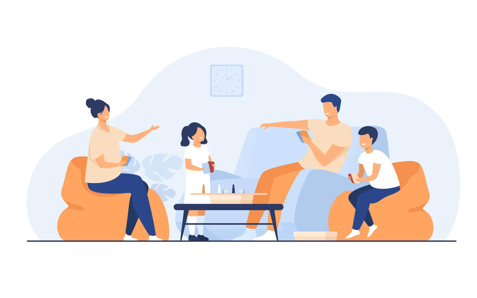Eine Familie und zwei Kinder sitzen im Wohnzimmer beim gemeinsamen Spiel mit Karten und einem Brettspiel.