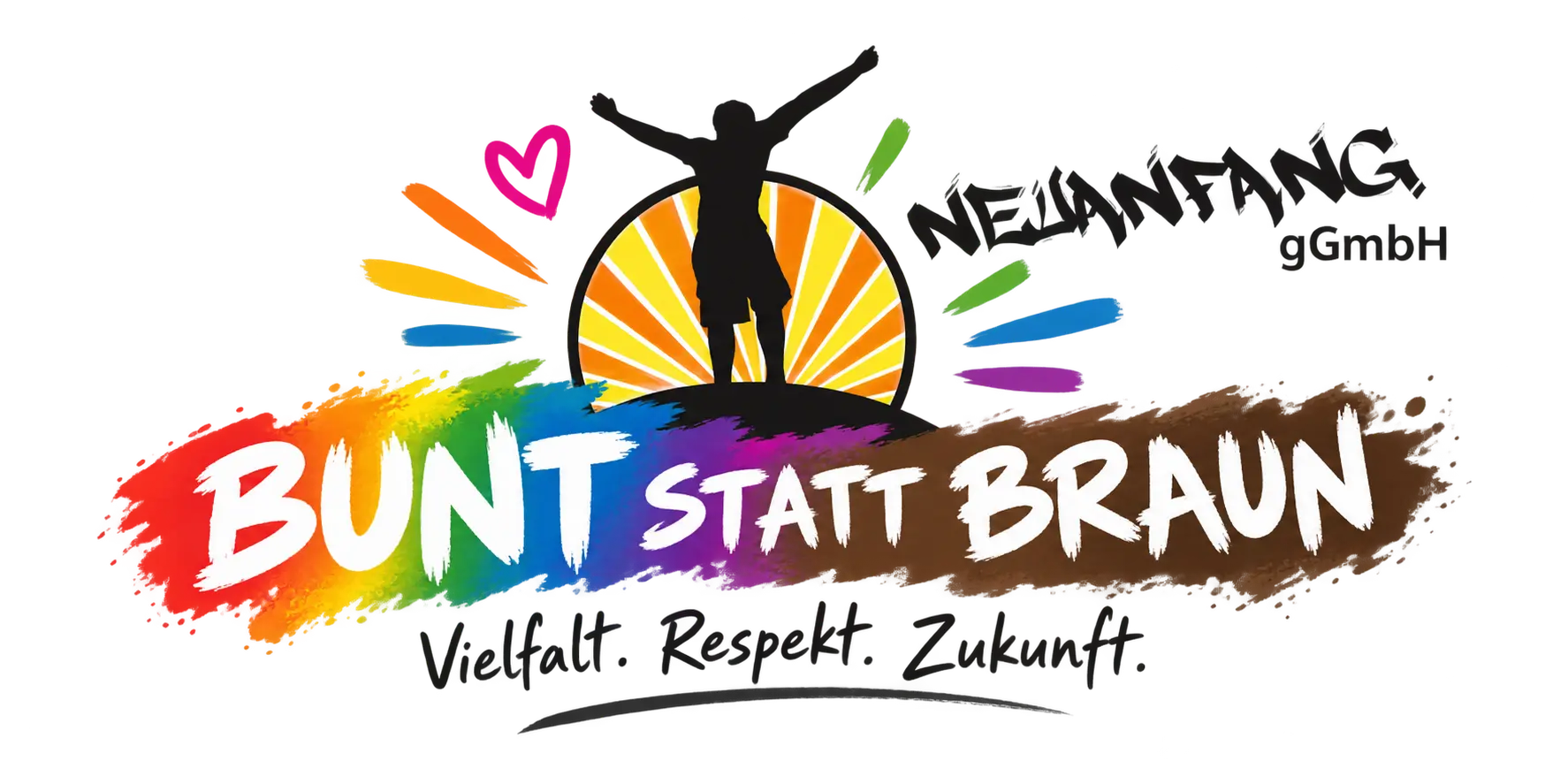 Buntes Motiv mit einer Silhouette vor Sonnenstrahlen und dem Schriftzug &bdquo;Bunt statt Braun &ndash; Vielfalt. Respekt. Zukunft.&ldquo;